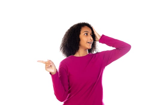 Beautiful teenager girl with pink sweater isolated on a white background