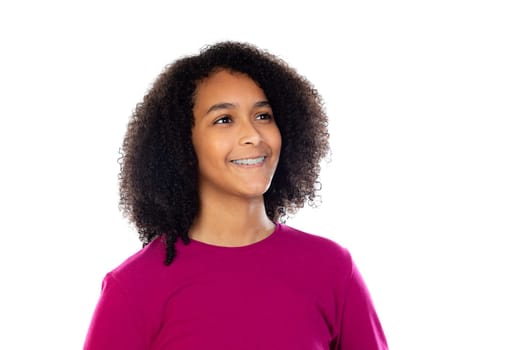 Beautiful teenager girl with pink sweater isolated on a white background