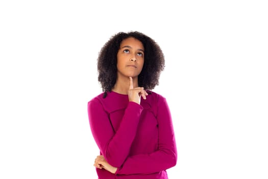 Beautiful teenager girl with pink sweater isolated on a white background