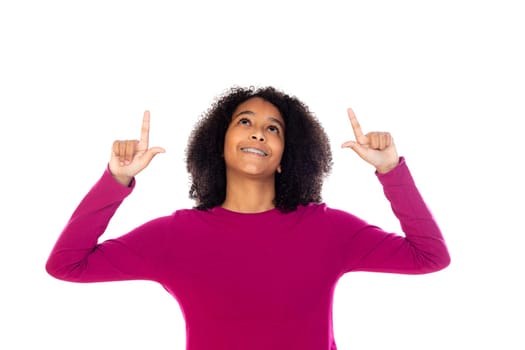 Teenager girl with afro hair wearing pink sweater isolated on a white background