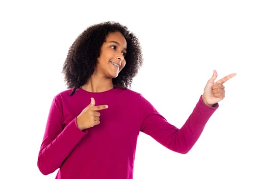 Teenager girl with afro hair wearing pink sweater isolated on a white background