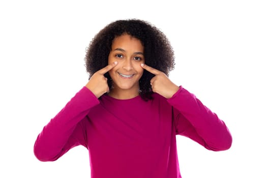 Beautiful teenager girl with pink sweater isolated on a white background