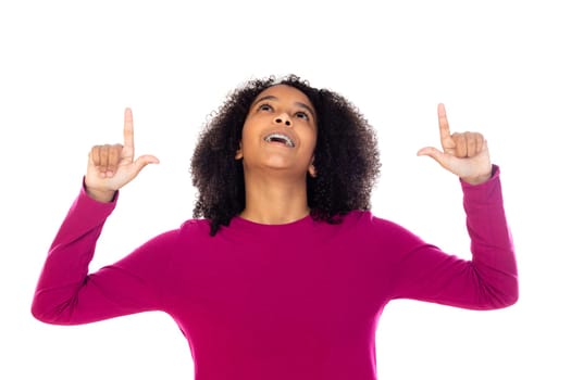 Teenager girl with afro hair wearing pink sweater isolated on a white background