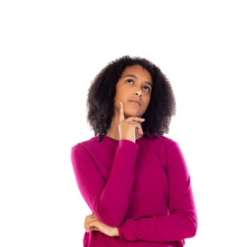 Beautiful teenager girl with pink sweater isolated on a white background