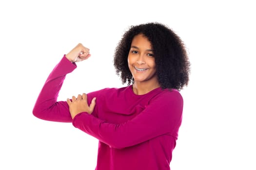Beautiful teenager girl with pink sweater isolated on a white background