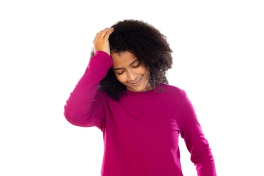 Beautiful teenager girl with pink sweater isolated on a white background