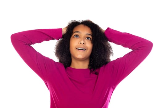 Beautiful teenager girl with pink sweater isolated on a white background