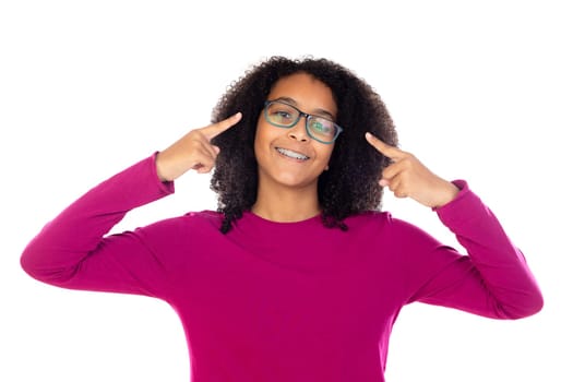 Teenager girl with afro hair wearing pink sweater isolated on a white background