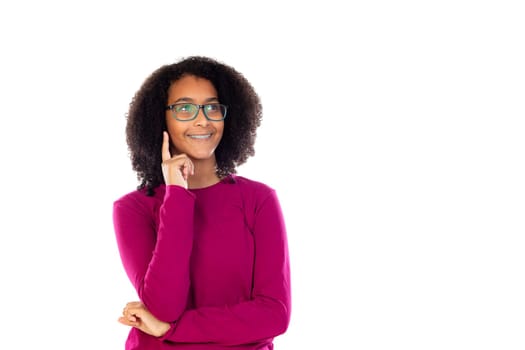 Teenager girl with afro hair wearing pink sweater isolated on a white background