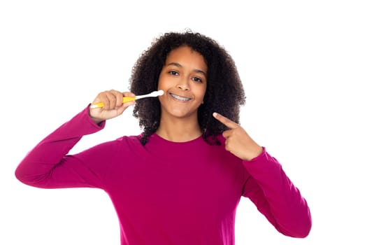 Teenager girl with afro hair wearing pink sweater isolated on a white background