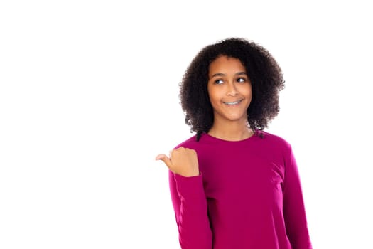 Teenager girl with afro hair wearing pink sweater isolated on a white background