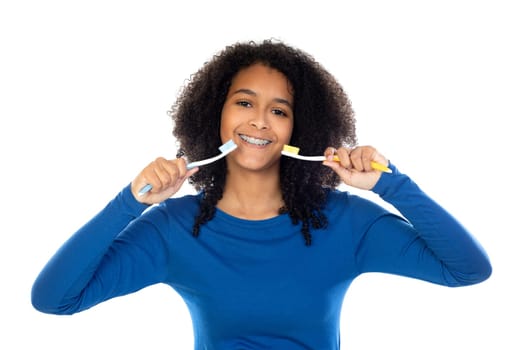 Teenager girl with afro hair wearing blue sweater isolated on a white background