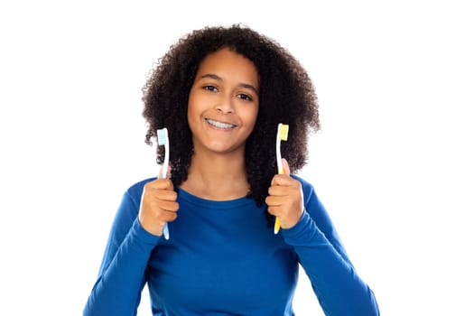 Teenager girl with afro hair wearing blue sweater isolated on a white background