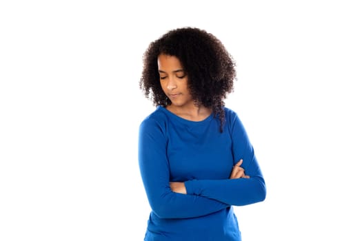 Teenager girl with afro hair wearing blue sweater isolated on a white background