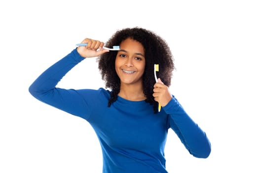 Teenager girl with afro hair wearing blue sweater isolated on a white background