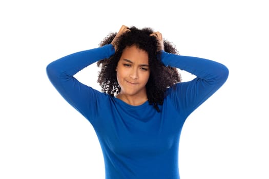 Teenager girl wearing blue sweater isolated on a white background