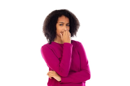 Beautiful teenager girl with pink sweater isolated on a white background