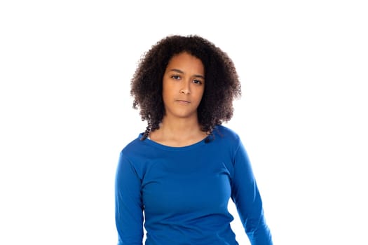 Teenager girl with afro hair wearing blue sweater isolated on a white background