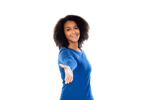 Teenager girl wearing blue sweater isolated on a white background