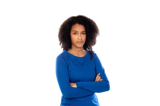 Teenager girl with afro hair wearing blue sweater isolated on a white background