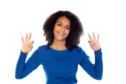 Teenager girl wearing blue sweater isolated on a white background