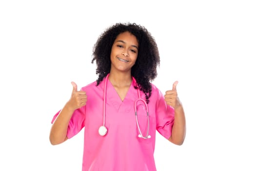 Adorable little doctor with pink uniform isolated on a white background