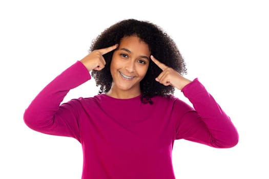 Beautiful teenager girl with pink sweater isolated on a white background