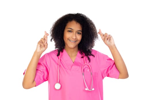 Adorable little doctor with pink uniform isolated on a white background