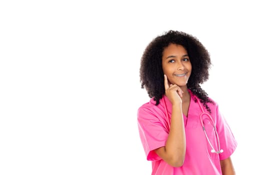 Adorable little doctor with pink uniform isolated on a white background