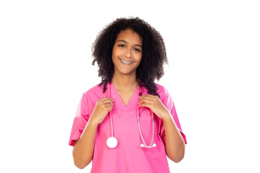 Adorable little doctor with pink uniform isolated on a white background