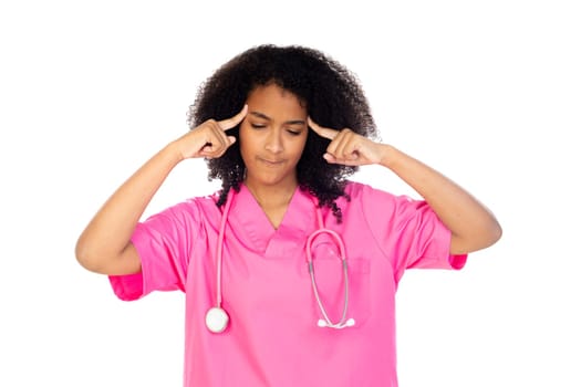 Adorable little doctor with pink uniform isolated on a white background