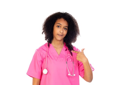 Adorable little doctor with pink uniform isolated on a white background