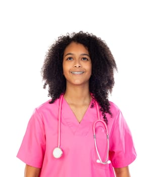 Adorable little doctor with pink uniform isolated on a white background