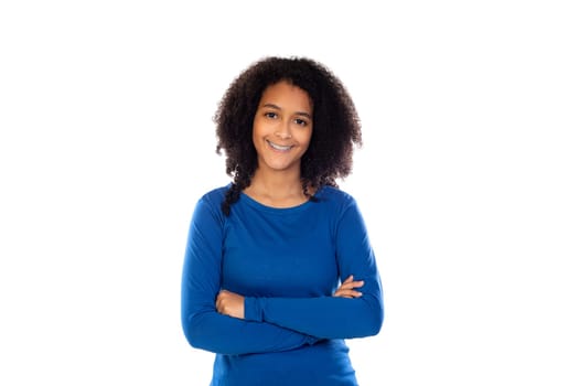 Teenager girl with afro hair wearing blue sweater isolated on a white background