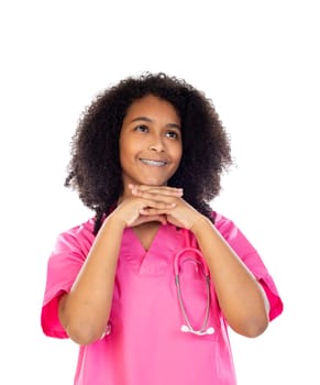 Adorable little doctor with pink uniform isolated on a white background