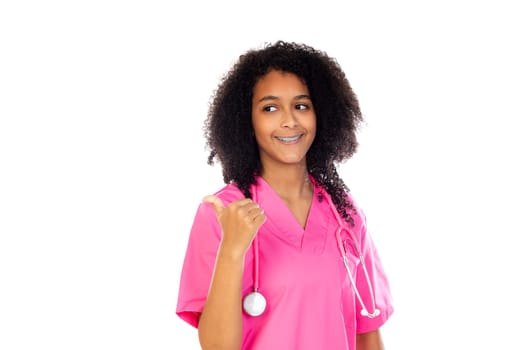 Adorable little doctor with pink uniform isolated on a white background
