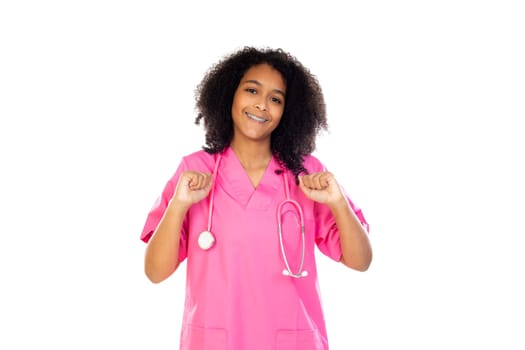 Adorable little doctor with pink uniform isolated on a white background
