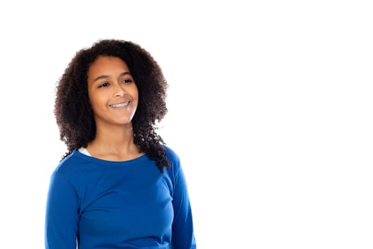 Teenager girl wearing blue sweater isolated on a white background