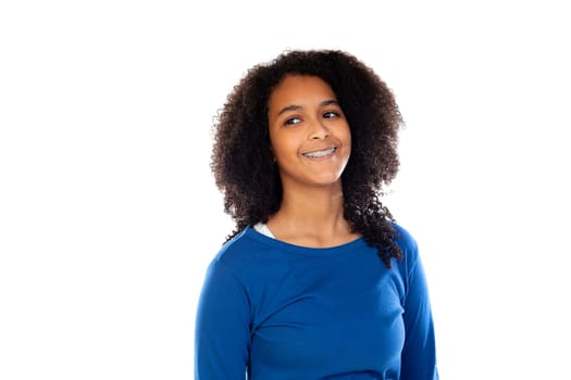 Teenager girl with afro hair wearing blue sweater isolated on a white background