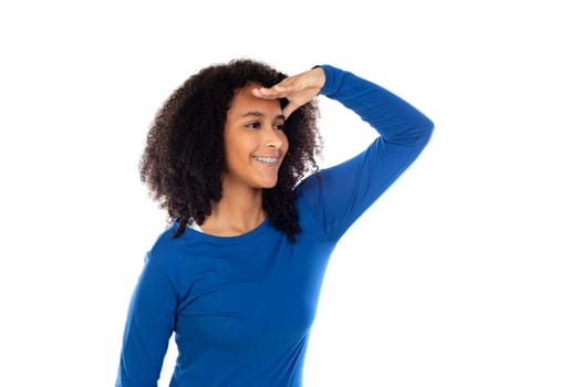 Teenager girl wearing blue sweater isolated on a white background