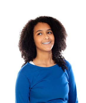 Teenager girl wearing blue sweater isolated on a white background