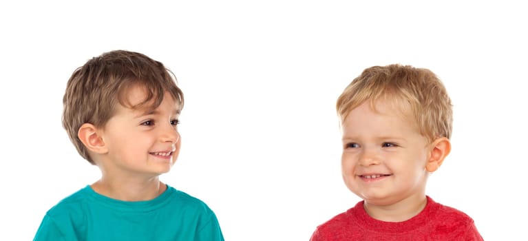 Portrait of two happy brothers isolated on a white background