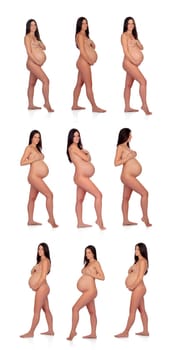Sequence of brunette pregnant woman isolated on a white background
