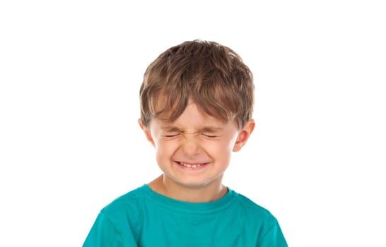 Funny child with eyes closed isolated on a white background