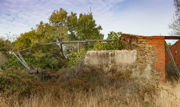 Destroyed house in the countryside and with wild vegetation