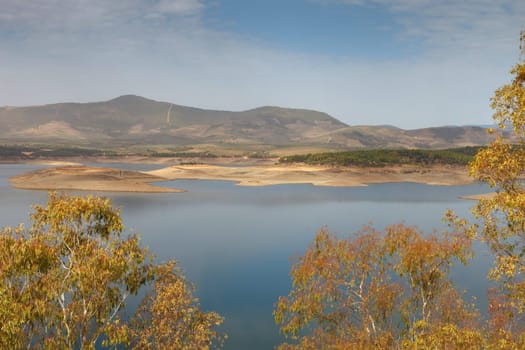 Beautiful scenery of the banks of a river with oak trees reflected in water