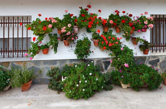 Beautiful house with fwith pots on their windows and many flowers