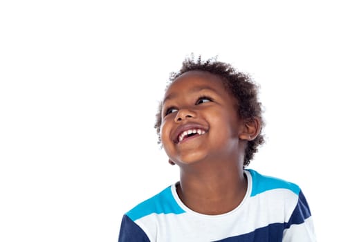 Adorable afroamerican child looking up isolated on a white background