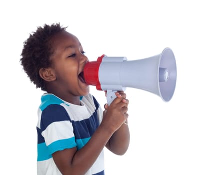 Small boy shouting through a megaphone isolated on white background