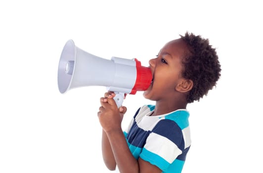 Small boy shouting through a megaphone isolated on white background